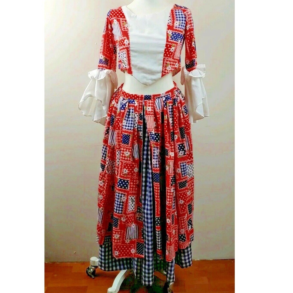 Patchwork‎ Skirt Set Ruffle Sleeve Crop Top Maxi Skirt Red Blue White